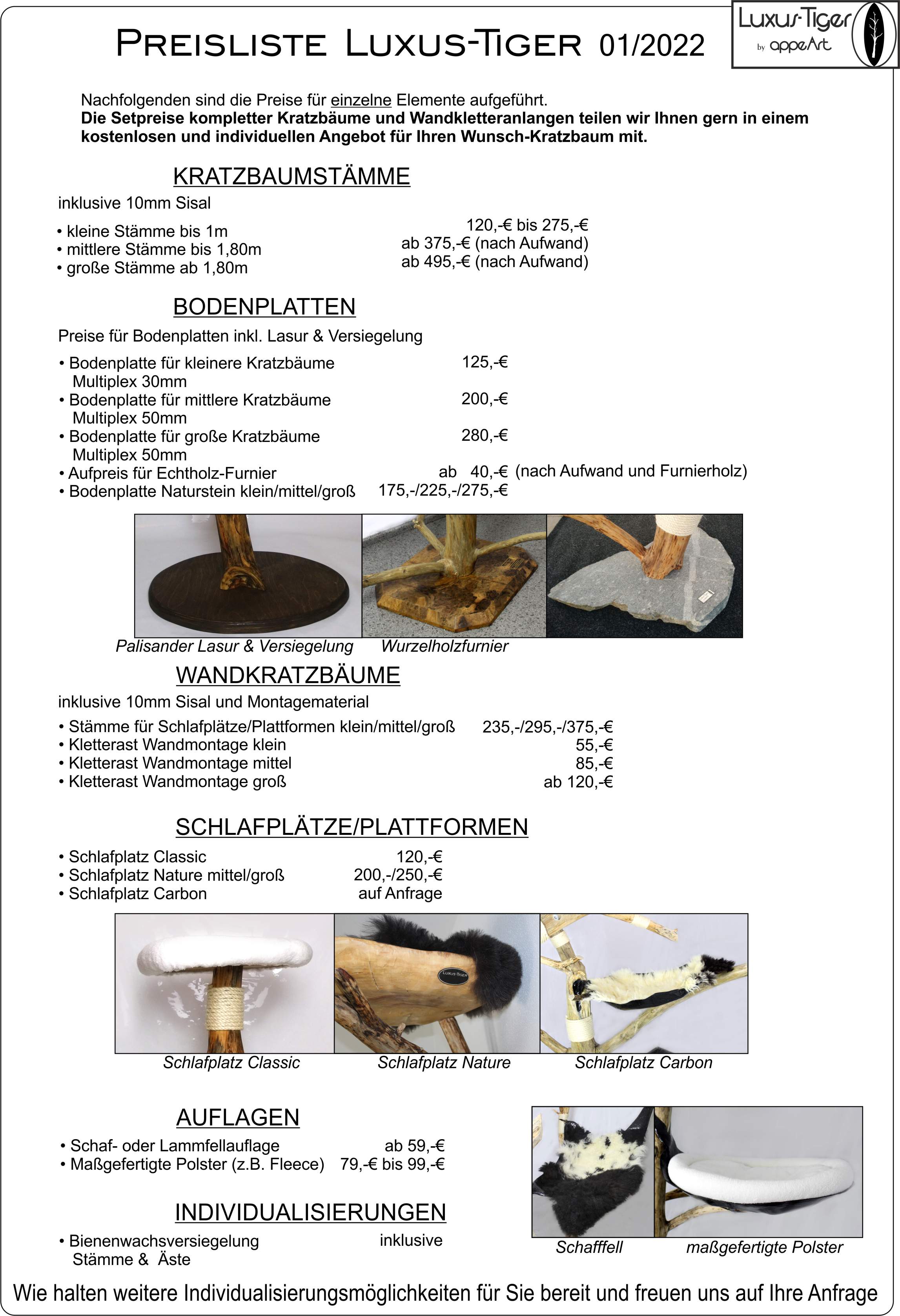 Vorschaubild aktuelle Preisliste Luxus-Tiger Naturkratzbäume und Wandkletteranlagen